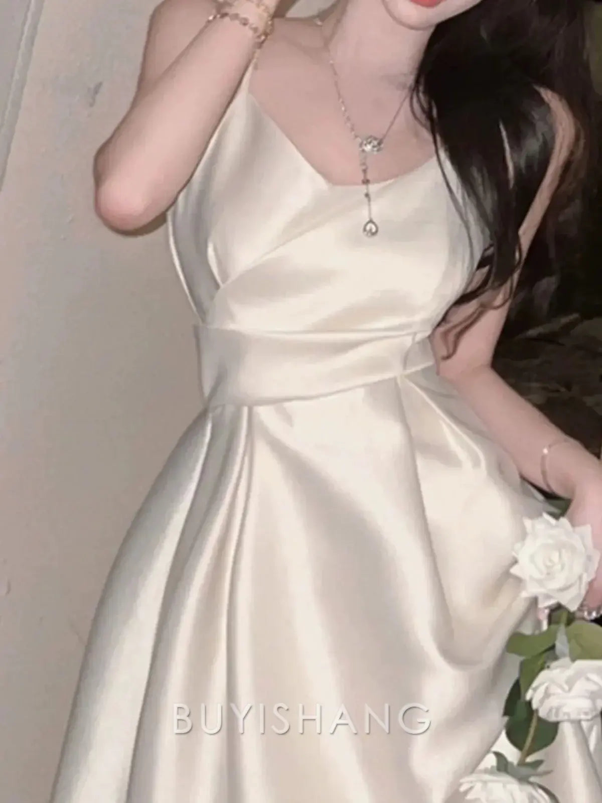 Buyishang Pretty A line Spaghetti Straps Satin Prom Dress Evening Dress Formal Dress