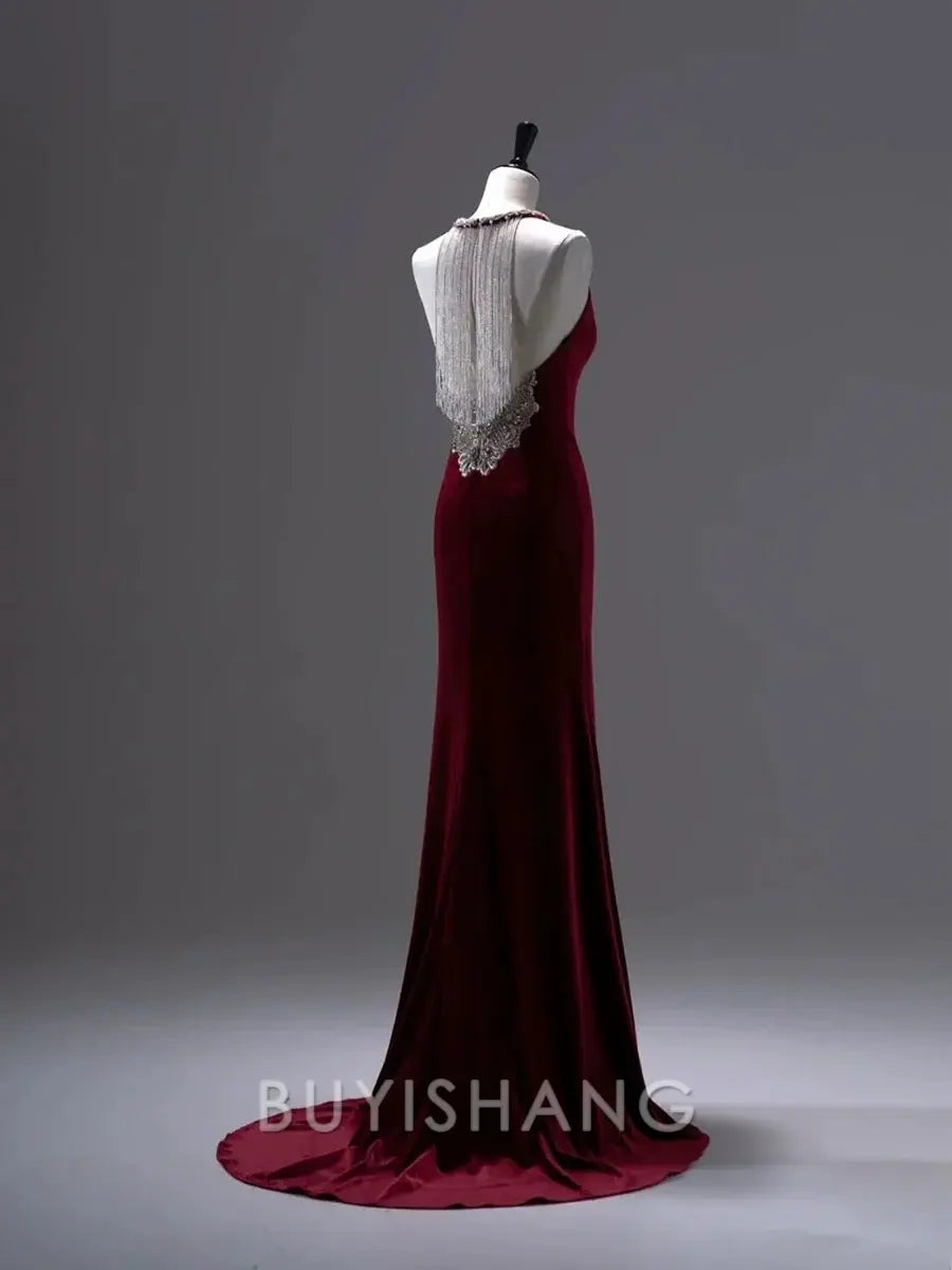 Buyishang Pretty Mermaid Burgundy Velvet Long Backless Evening Dress Prom Dresses