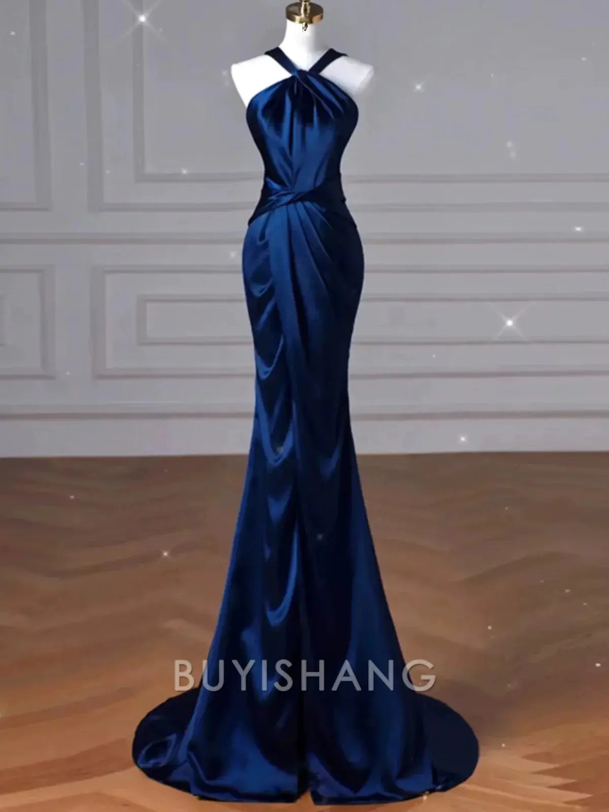 Buyishang Pretty Mermaid Halter Navy Blue Long Prom Dress Evening Dress Formal Dress