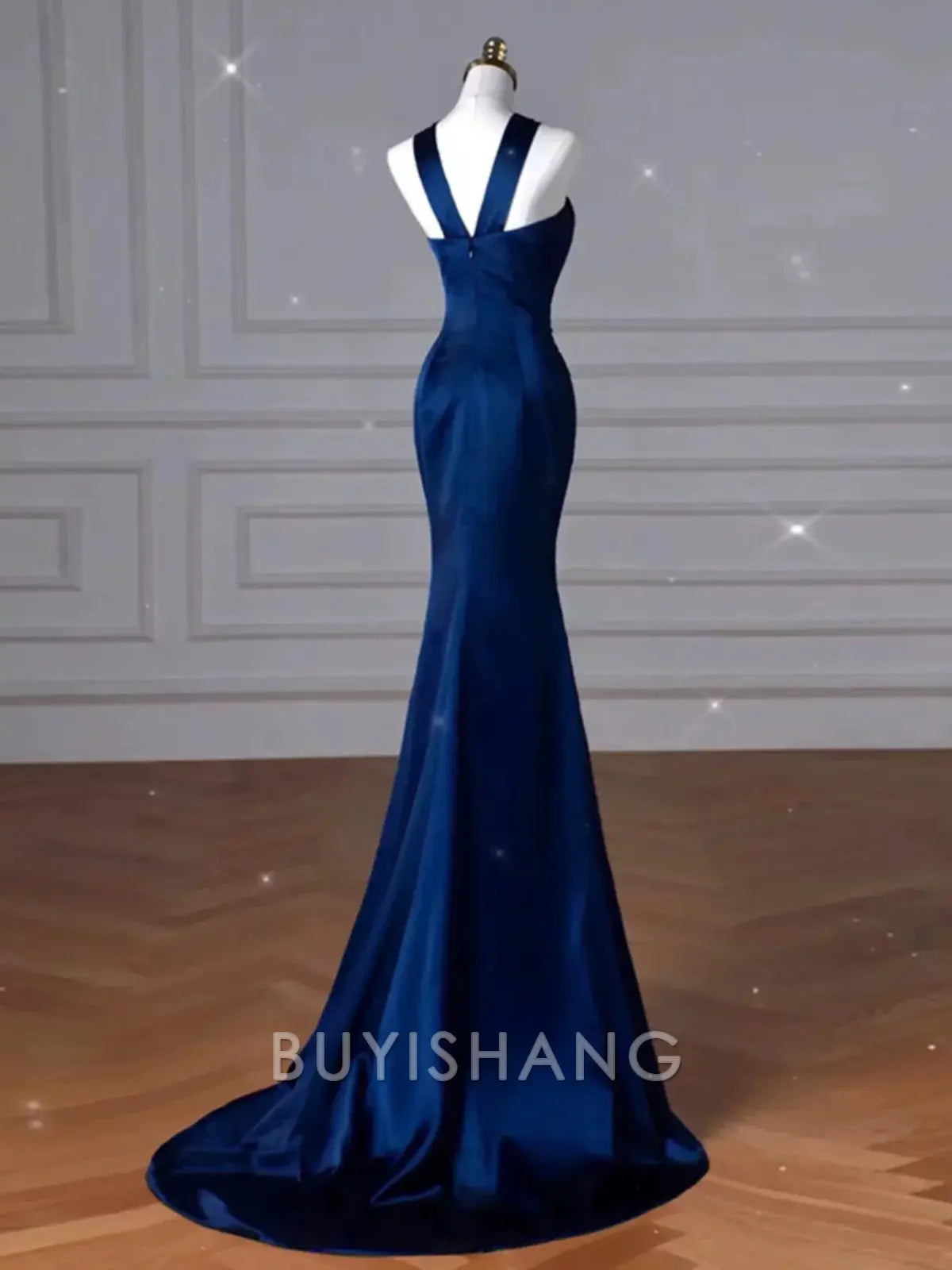 Buyishang Pretty Mermaid Halter Navy Blue Long Prom Dress Evening Dress Formal Dress