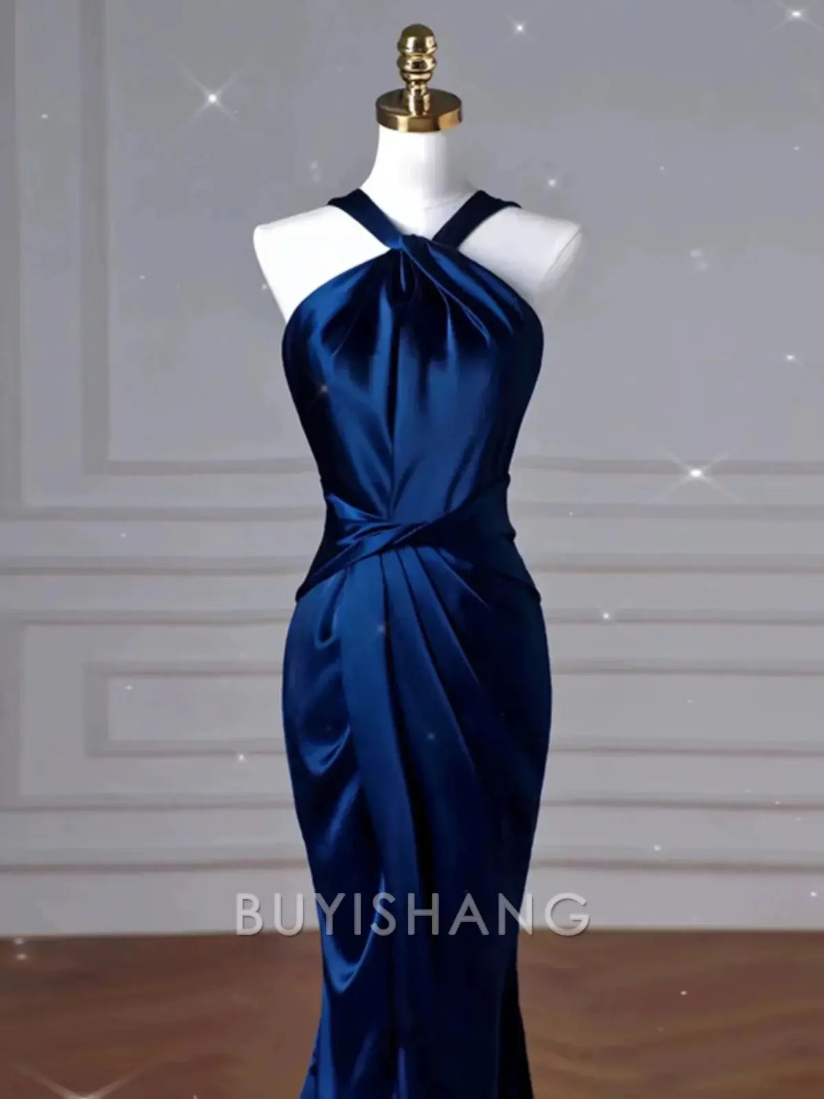 Buyishang Pretty Mermaid Halter Navy Blue Long Prom Dress Evening Dress Formal Dress