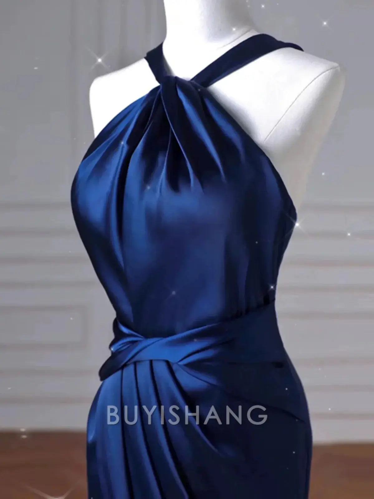 Buyishang Pretty Mermaid Halter Navy Blue Long Prom Dress Evening Dress Formal Dress
