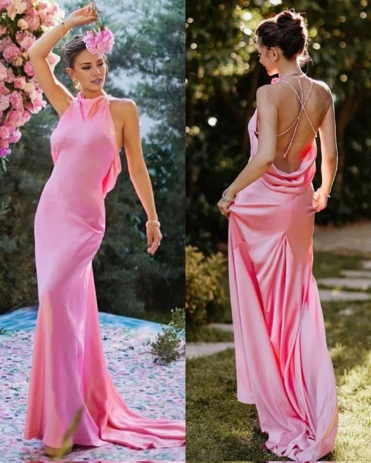Buyishang Pretty Mermaid Halter Pink Backless Prom Dress Evening Dress Formal Dress