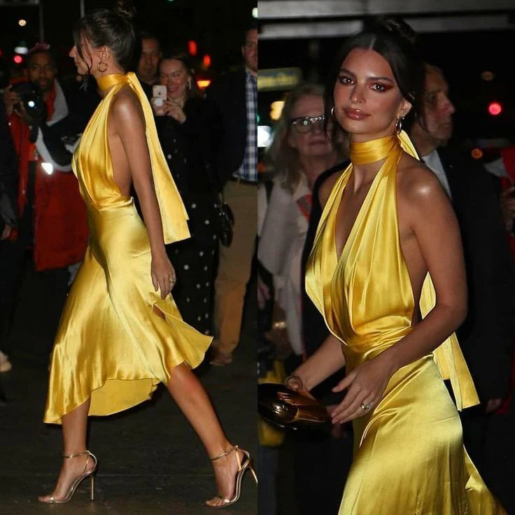 Buyishang Pretty Mermaid Halter Yellow Satin Prom Dress Evening Dress Formal Dress