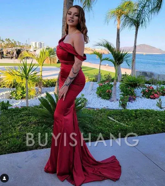 Buyishang Pretty Mermaid Off The Shoulder Satin Burgundy Prom Dresses Long Party Dress