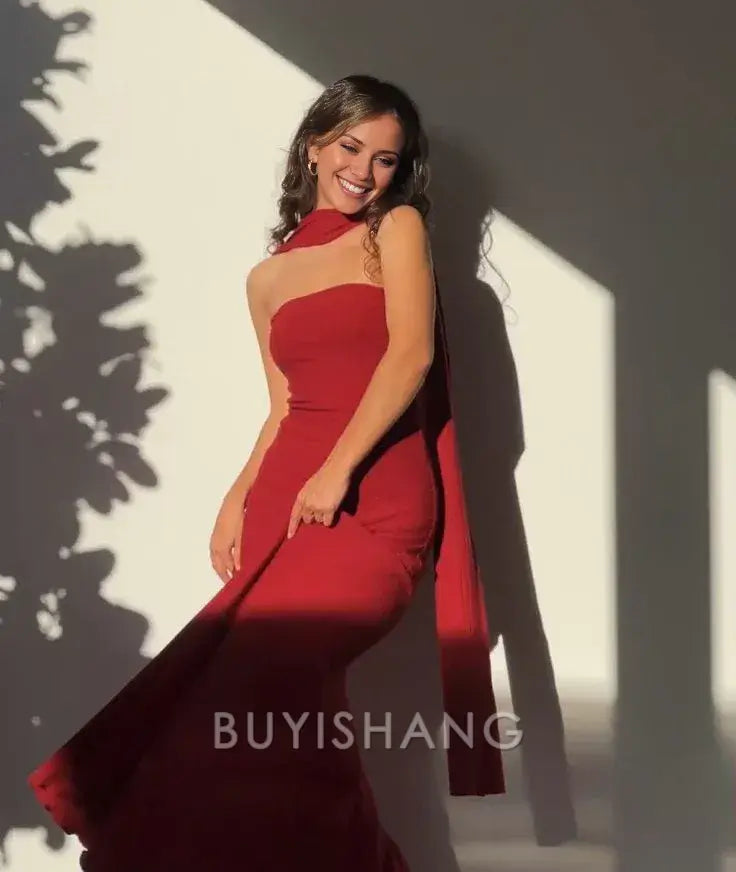 Buyishang Pretty Mermaid Spaghetti Straps Floor Length Red Prom Dress Evening Dress Formal Dress With Ribbon