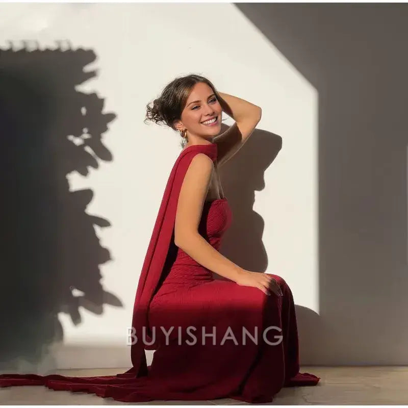 Buyishang Pretty Mermaid Spaghetti Straps Floor Length Red Prom Dress Evening Dress Formal Dress With Ribbon