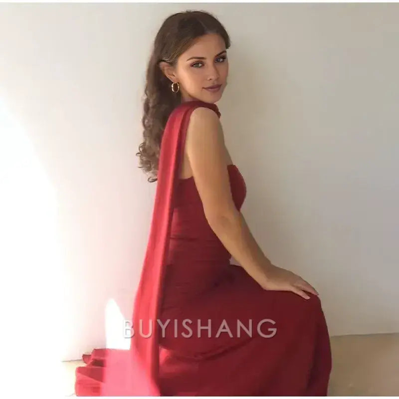 Buyishang Pretty Mermaid Spaghetti Straps Floor Length Red Prom Dress Evening Dress Formal Dress With Ribbon