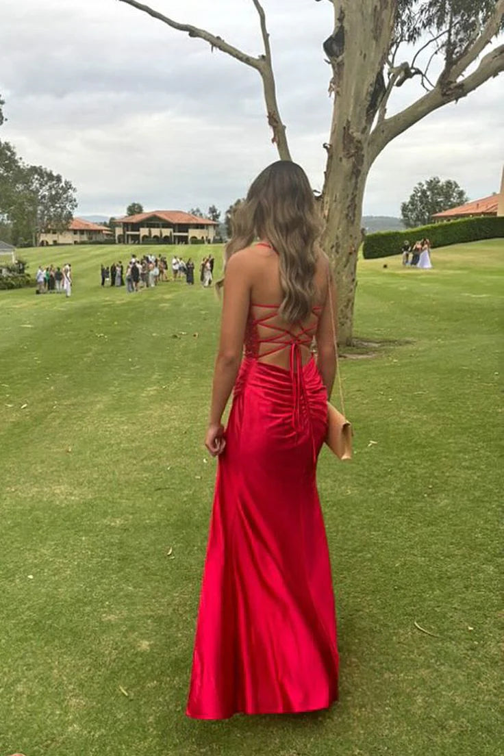 Buyishang Pretty Mermaid Spaghetti Straps Red Long Satin Prom Dresses Formal Evening Dress