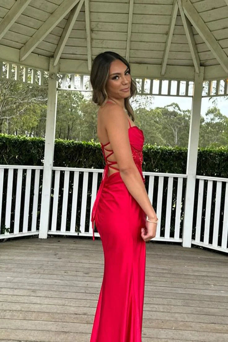Buyishang Pretty Mermaid Spaghetti Straps Red Long Satin Prom Dresses Formal Evening Dress