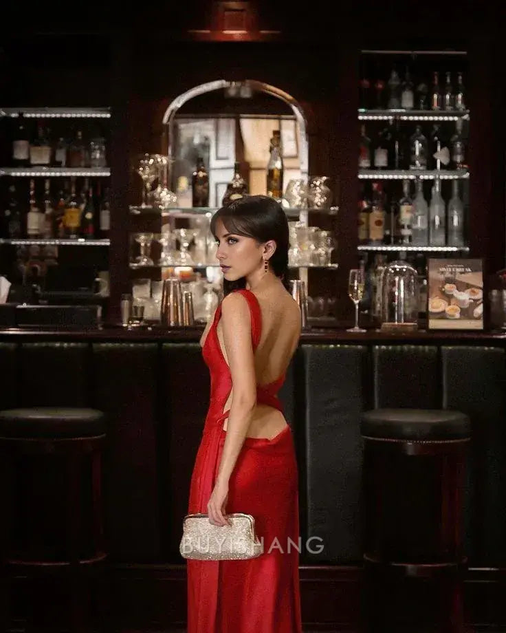 Buyishang Pretty Mermaid Straps Backless Satin Red Prom Dresses Long Party Dress