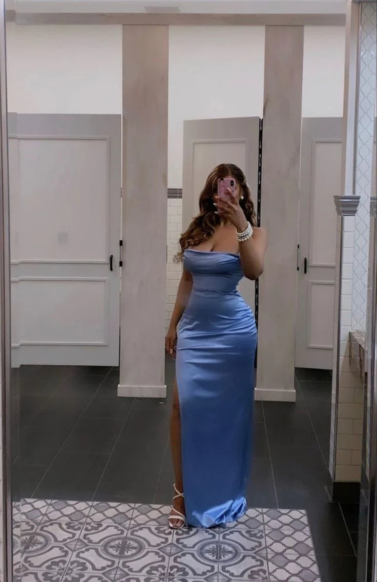 Buyishang Pretty Mermaid Straps Blue Satin Prom Dresses Long Party Dress