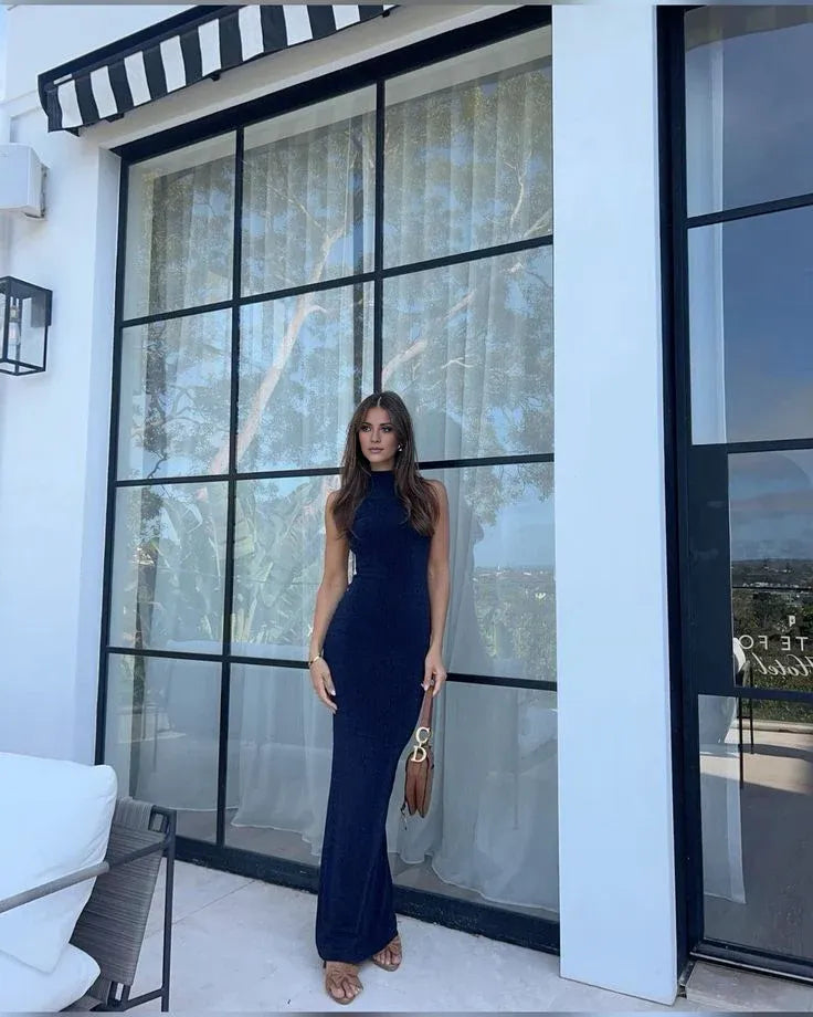 Buyishang Pretty Sheath High Neckline Navy Blue Satin Evening Dress Prom Dresses