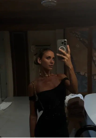 Buyishang Pretty Sheath Off The Shoulder Black Satin Evening Dress Prom Dresses