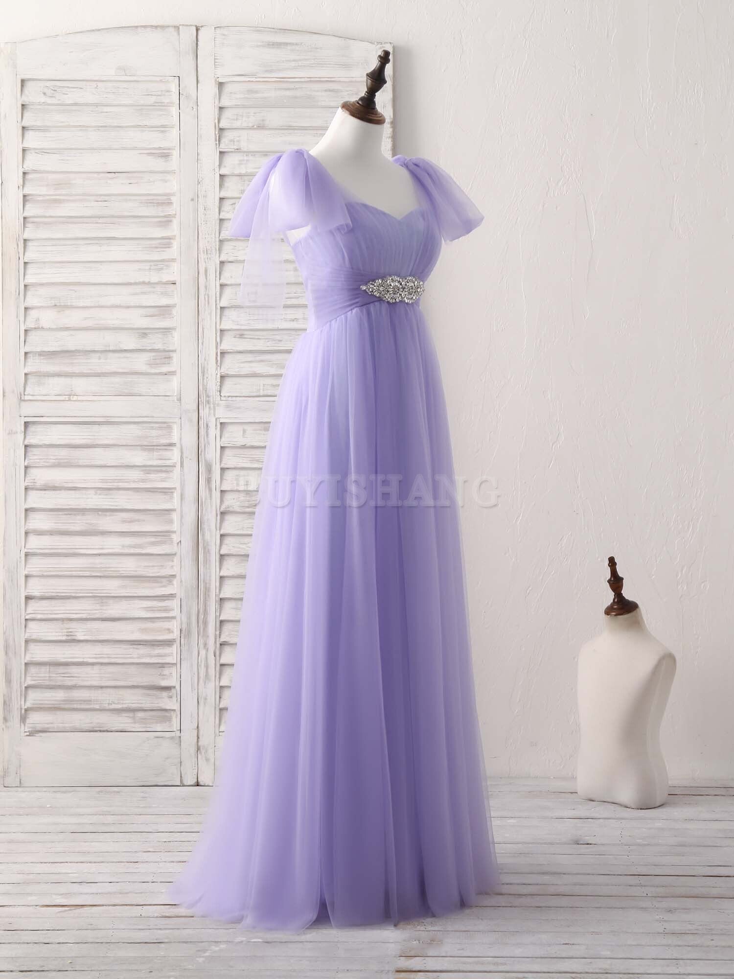 Buyishang Purple Sweetheart Neck Tulle Long Prom Dress Purple Bridesmaid Dress Bridesmaid dress shop
