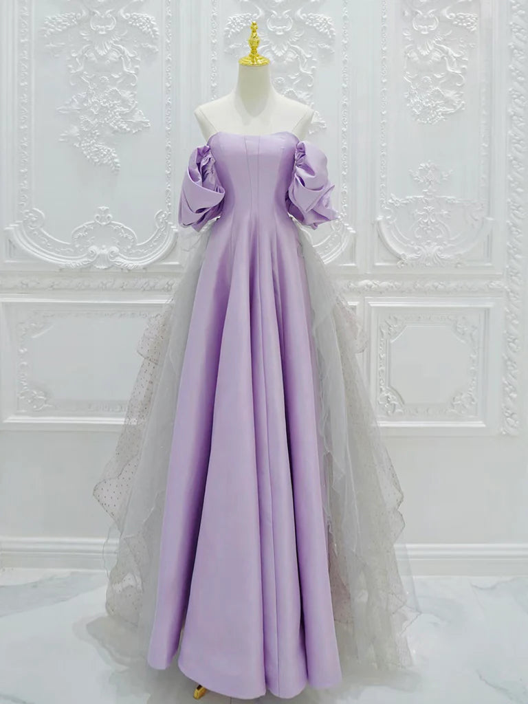 Buyishang A-Line Satin Tulle Purple Long Prom Dress Tulle Purple Long Formal Dress