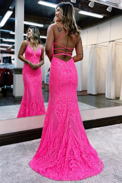 Sexy V-Neck Sequins Appliques Mermaid Prom Dress Glitter