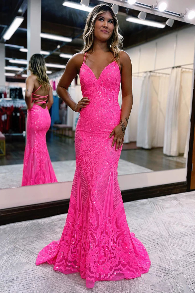 Sexy V-Neck Sequins Appliques Mermaid Prom Dress Glitter