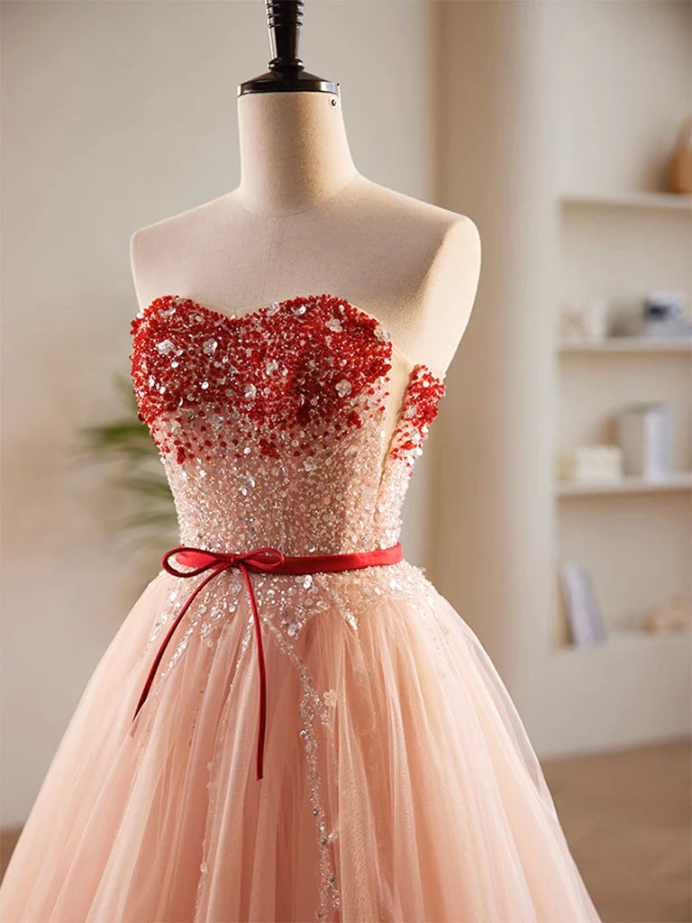 Buyishang A-Line Sweetheart Neck Sequin Tulle Pink Long Prom Dress Pink Formal Dress