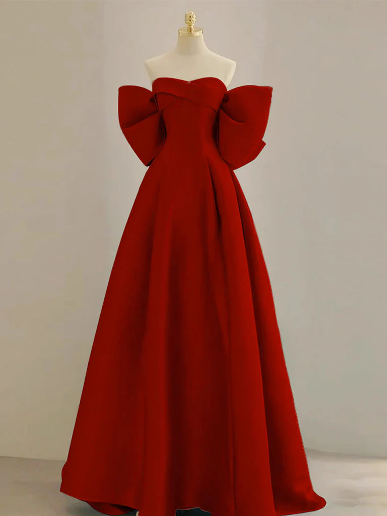 Buyishang A-Line Sweetheart Neck Satin Burgundy Long Prom Dress with Bow