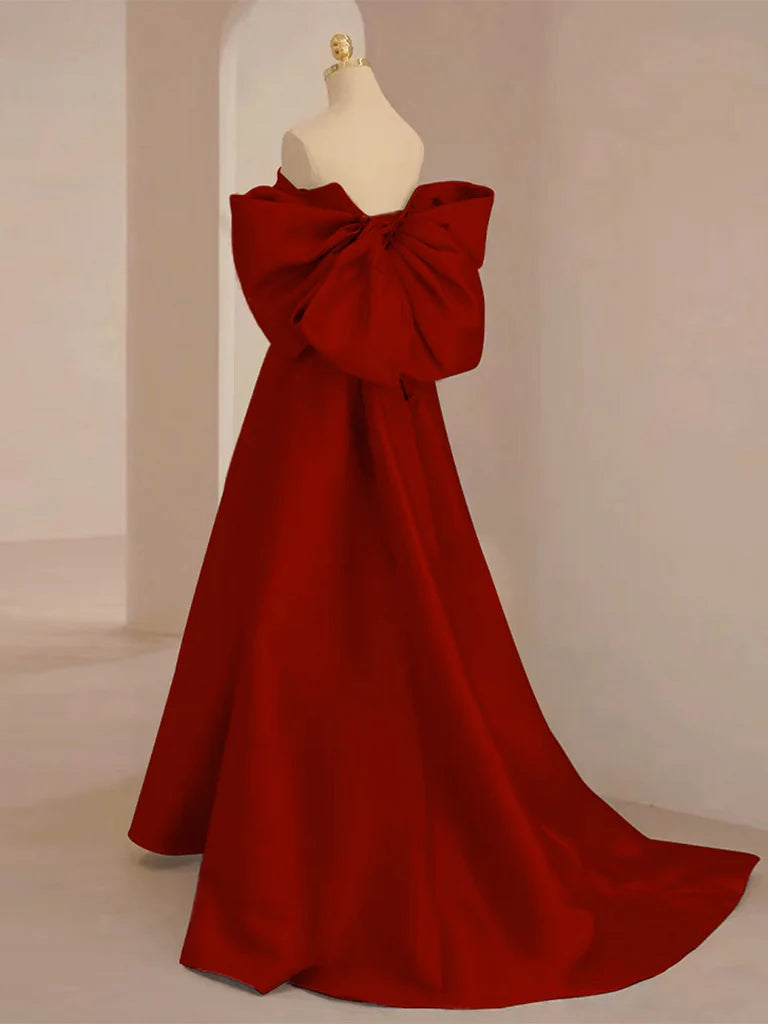Buyishang A-Line Sweetheart Neck Satin Burgundy Long Prom Dress with Bow