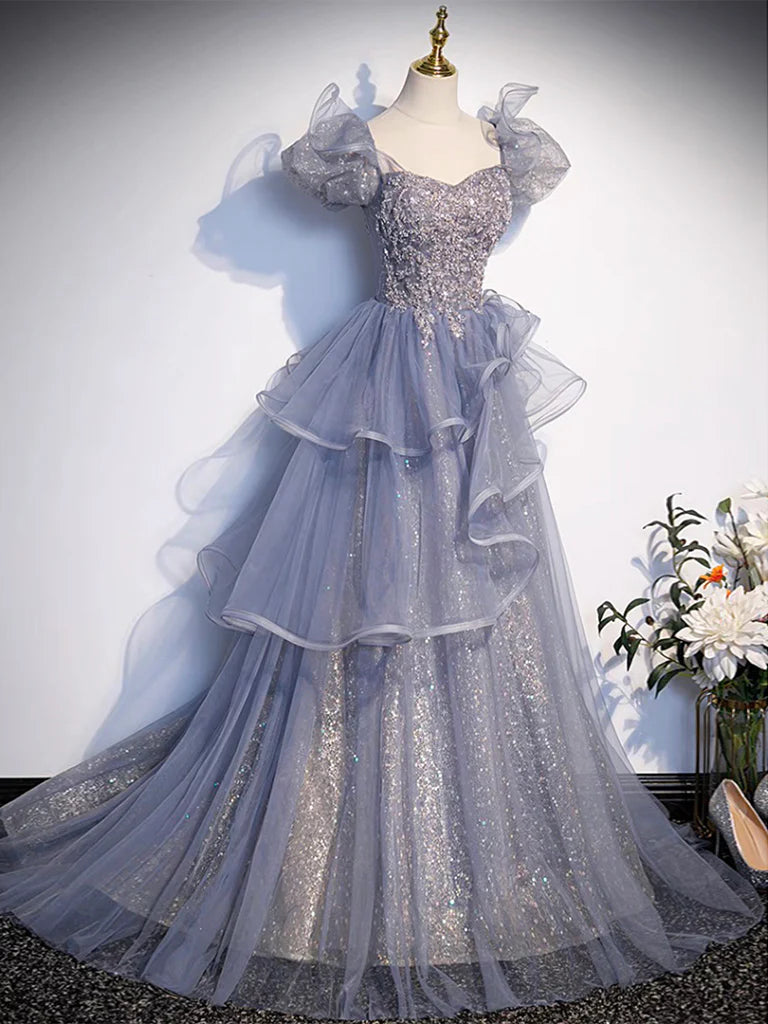 Buyishang A-Line Sweetheart Neck Tulle Sequin Gray Blue Long Prom Dress Gray Blue Long Formal Dress