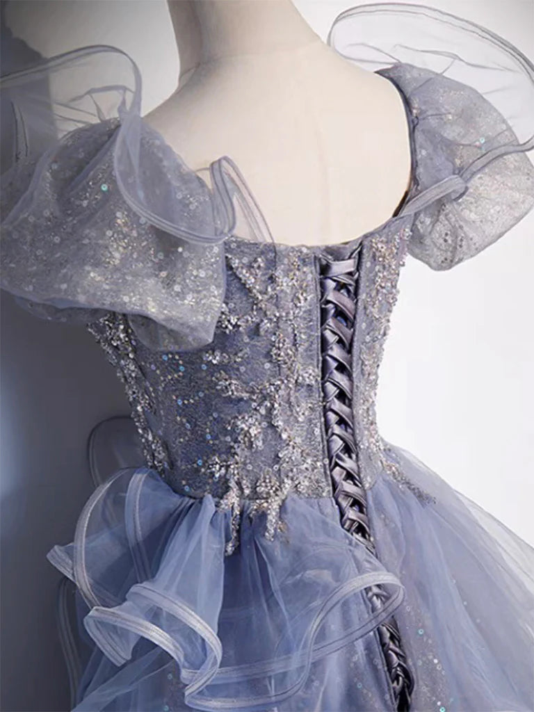 Buyishang A-Line Sweetheart Neck Tulle Sequin Gray Blue Long Prom Dress Gray Blue Long Formal Dress