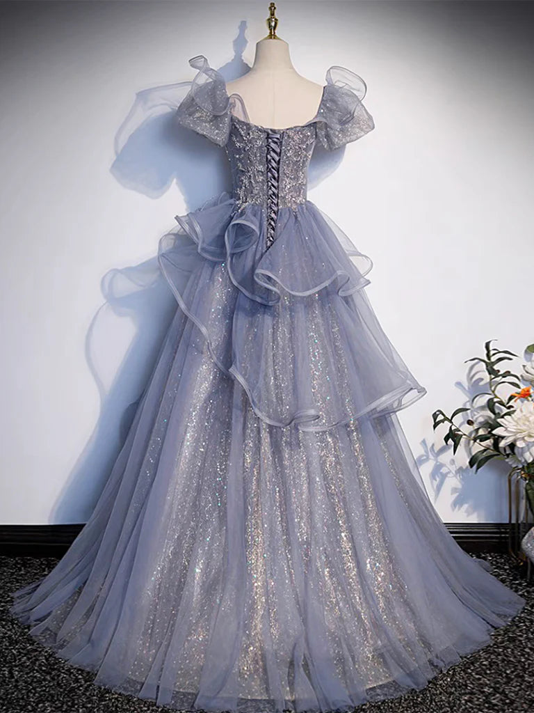 Buyishang A-Line Sweetheart Neck Tulle Sequin Gray Blue Long Prom Dress Gray Blue Long Formal Dress