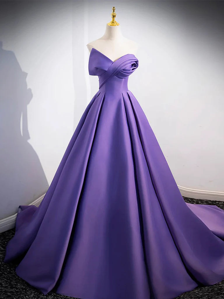 Buyishang A-Line off Shoulder Satin Purple Long Prom Dress Purple Long Evening Dress