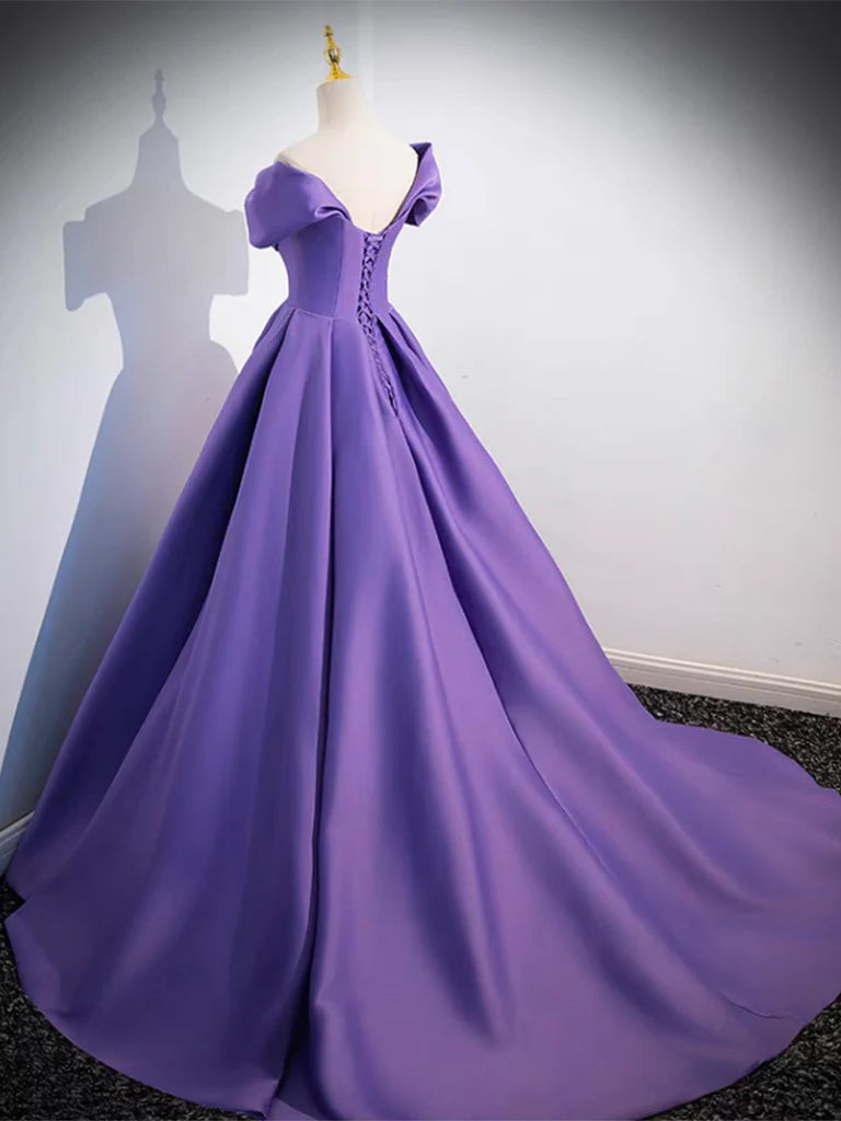 Buyishang A-Line off Shoulder Satin Purple Long Prom Dress Purple Long Evening Dress