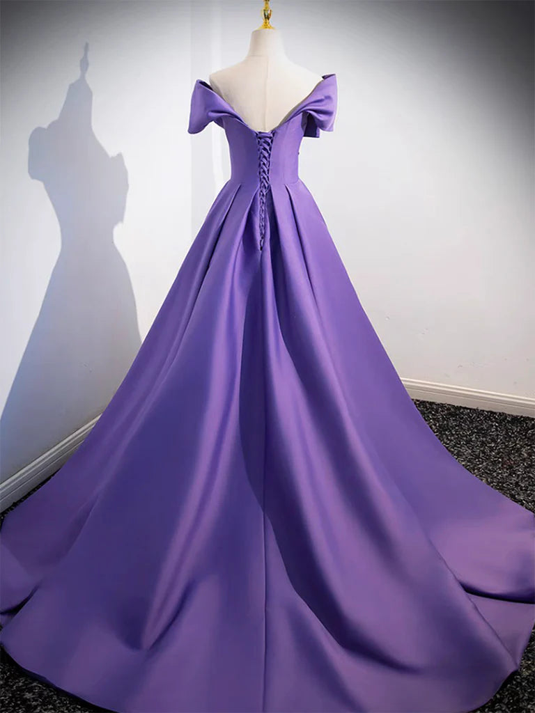 Buyishang A-Line off Shoulder Satin Purple Long Prom Dress Purple Long Evening Dress