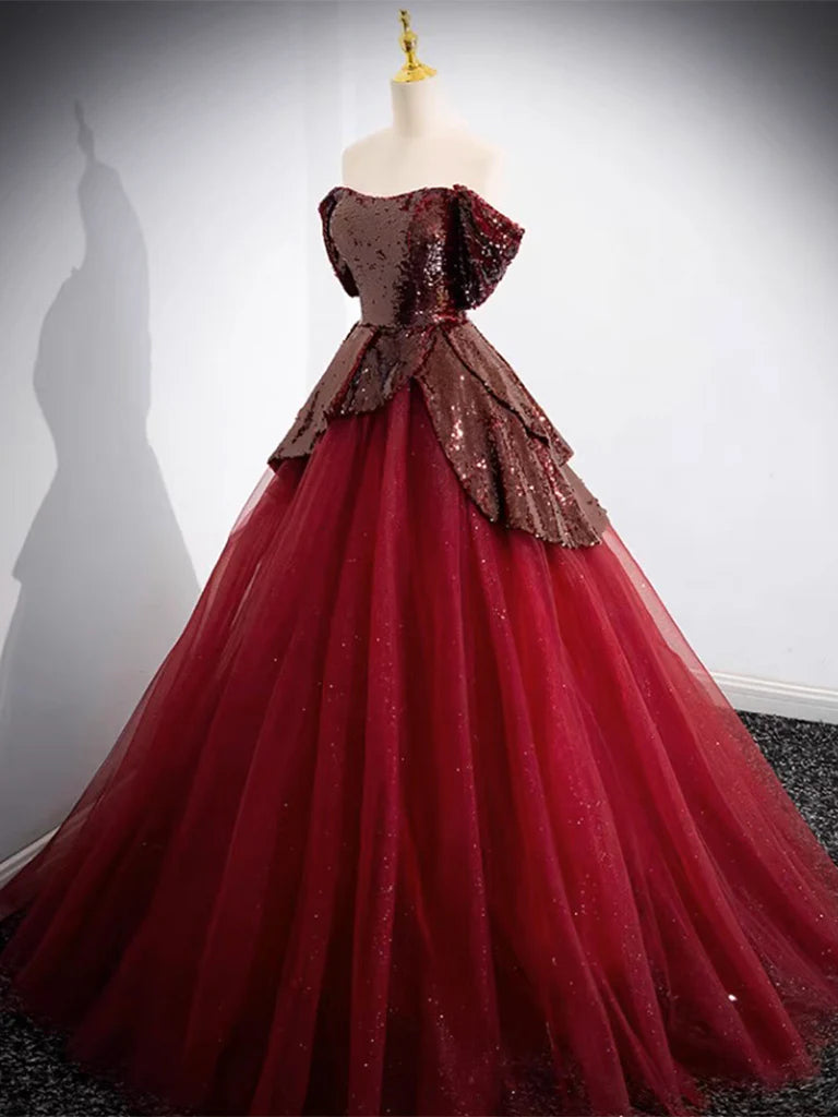 Buyishang A-Line Tulle Sequin Burgundy Long Prom Dress Off Shoulder Burgundy Formal Dress