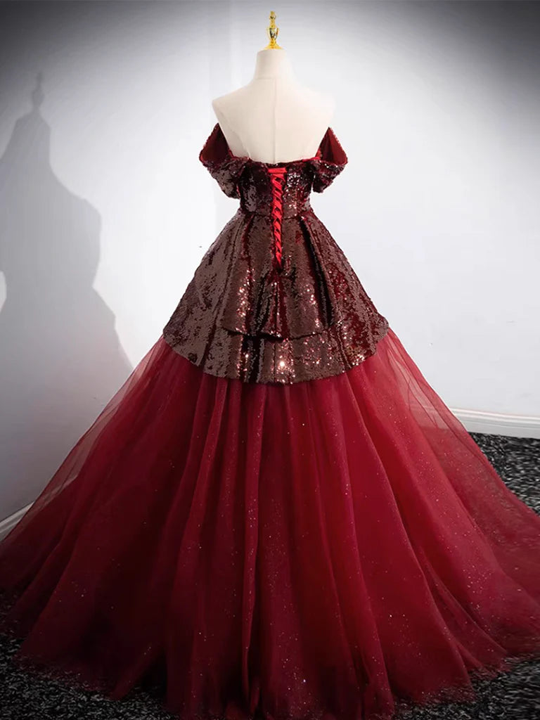 Buyishang A-Line Tulle Sequin Burgundy Long Prom Dress Off Shoulder Burgundy Formal Dress