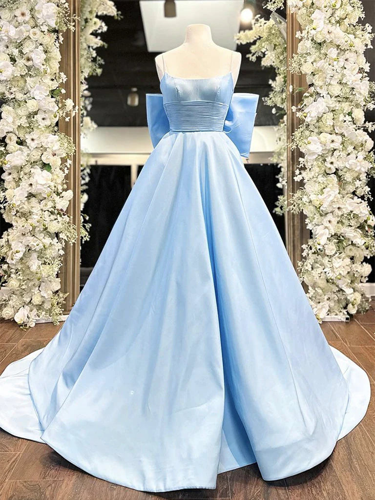 Buyishang A-Line Satin Blue Long Prom Dress Blue Long Graduation Dress