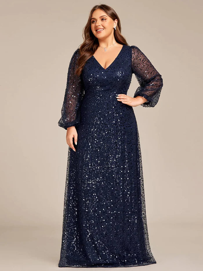 Plus Size V-Neck Lantern Long Sleeve Sequin A-Line Evening Dress/Prom Dresses