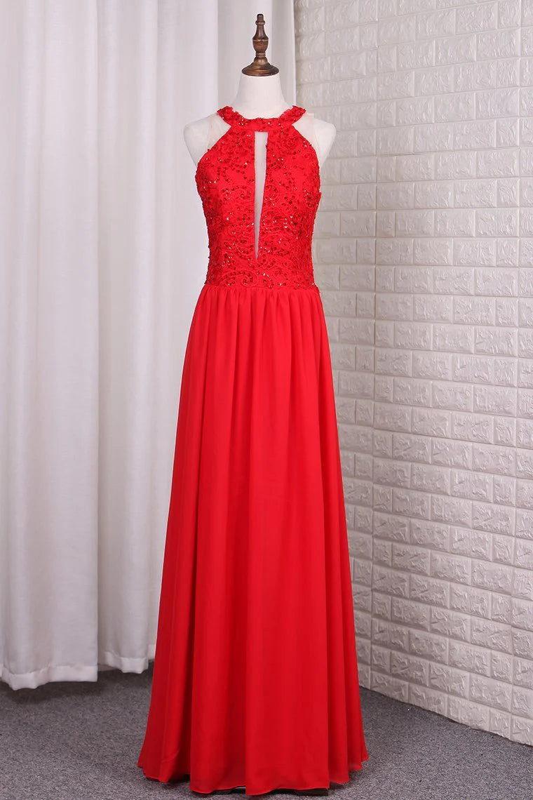 A Line Chiffon Scoop Floor Length Party Dresses With Applique And Beads