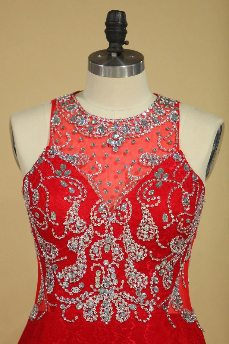 Party Dresses Scoop Beaded Bodice Sweep Train Lace Mermaid