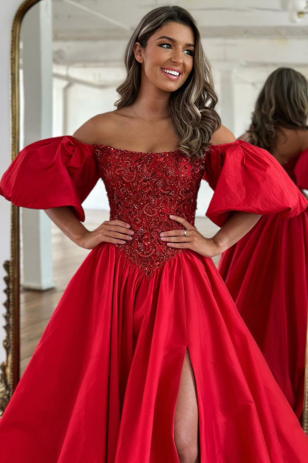 A-Line Off The Shoulder Court Train Satin Prom Dress With Split