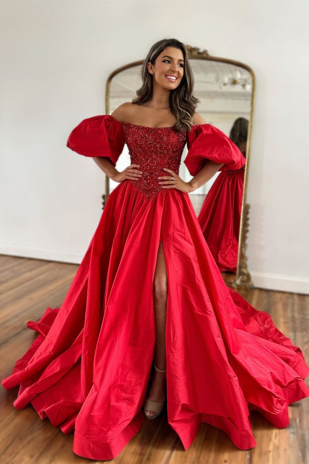 A-Line Off The Shoulder Court Train Satin Prom Dress With Split