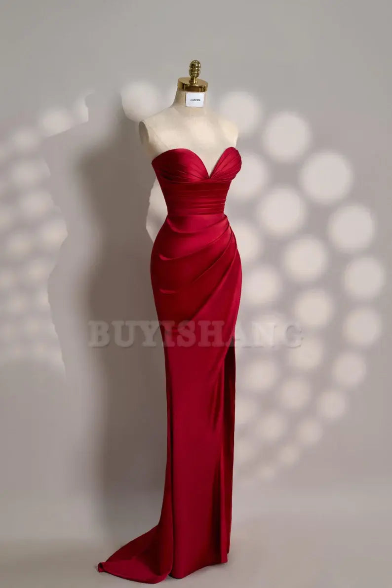 Buyishang Red Dress Long Satin dress Party Dress Cold Shoulder Dress Bridesmades Dress Gift For Her Christmas Dress Gift For Bride