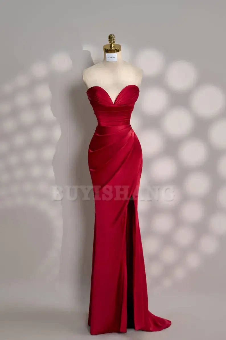 Buyishang Red Dress Long Satin dress Party Dress Cold Shoulder Dress Bridesmades Dress Gift For Her Christmas Dress Gift For Bride