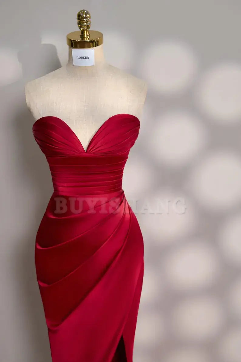 Buyishang Red Dress Long Satin dress Party Dress Cold Shoulder Dress Bridesmades Dress Gift For Her Christmas Dress Gift For Bride