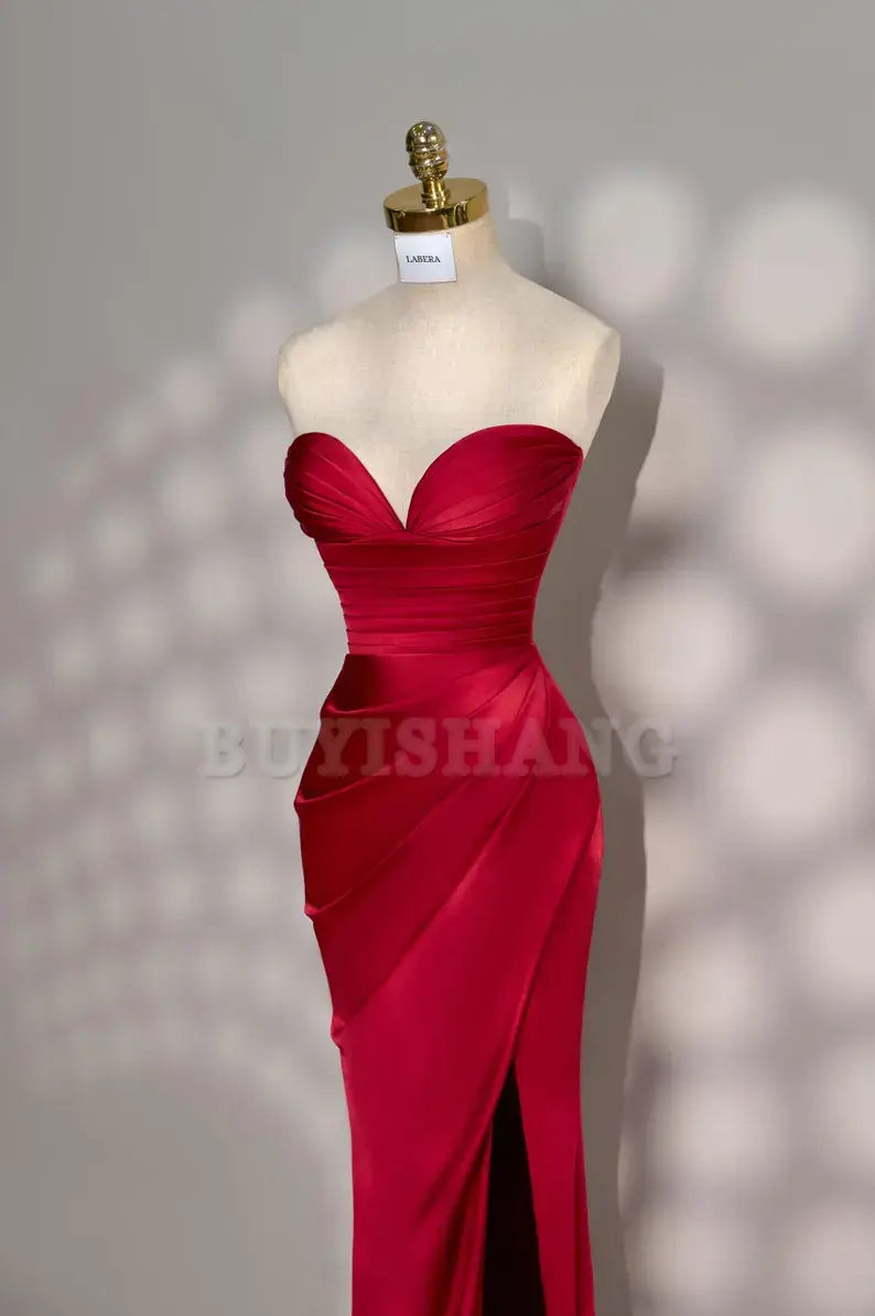 Buyishang Red Dress Long Satin dress Party Dress Cold Shoulder Dress Bridesmades Dress Gift For Her Christmas Dress Gift For Bride