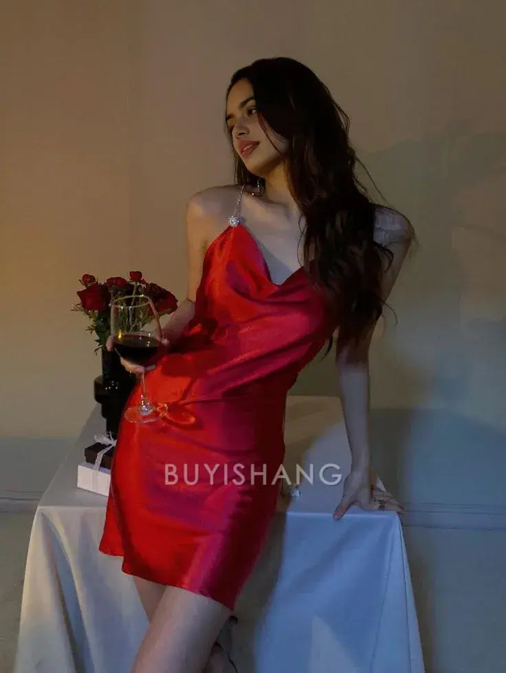 Buyishang Simple Red Evening Dresses Sexy Formal Party Dresses Spaghetti Strap Senior Homecoming Dress