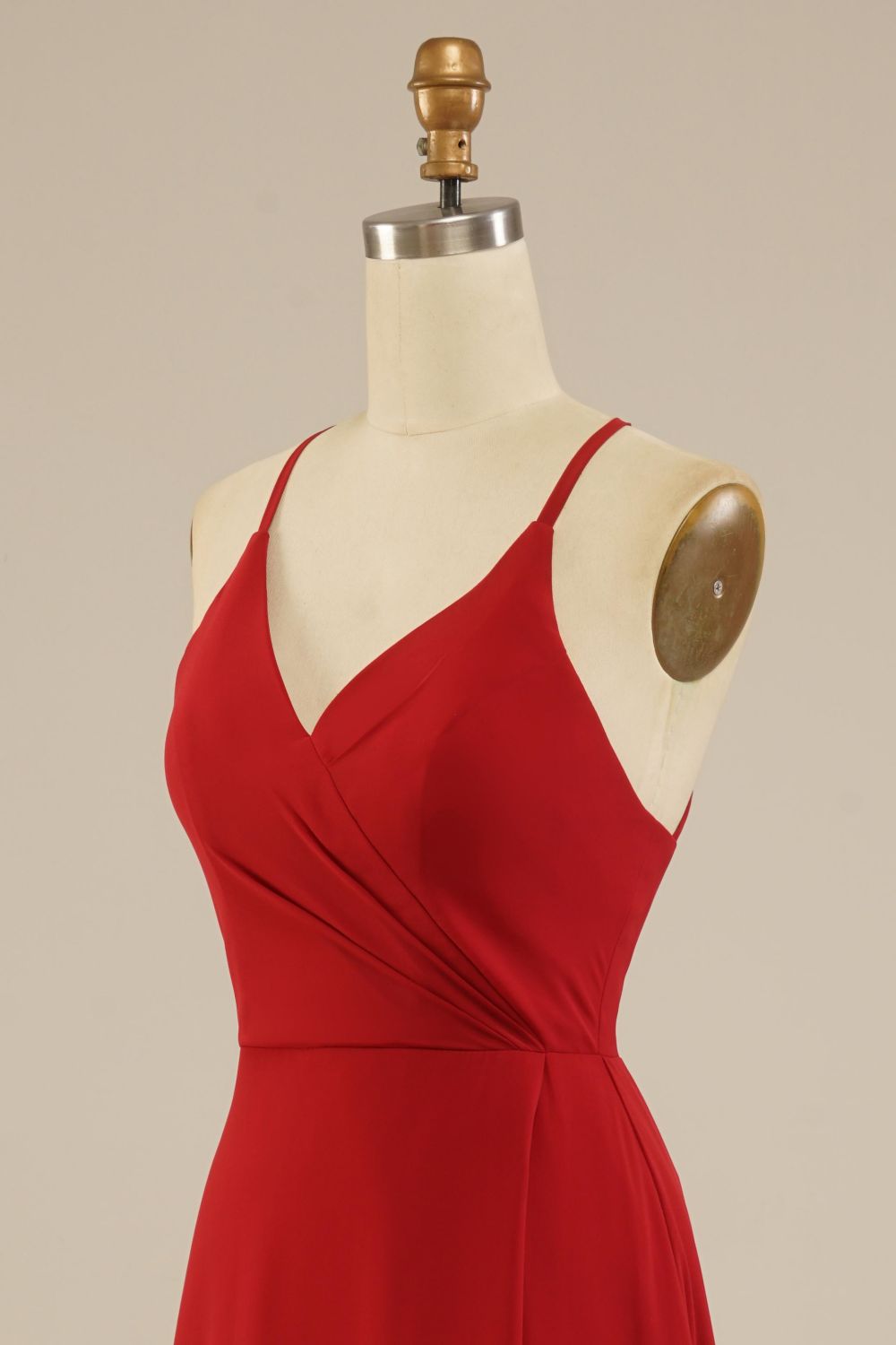 Red Floor Length Spaghetti Straps Chiffon Bridesmaid Dress