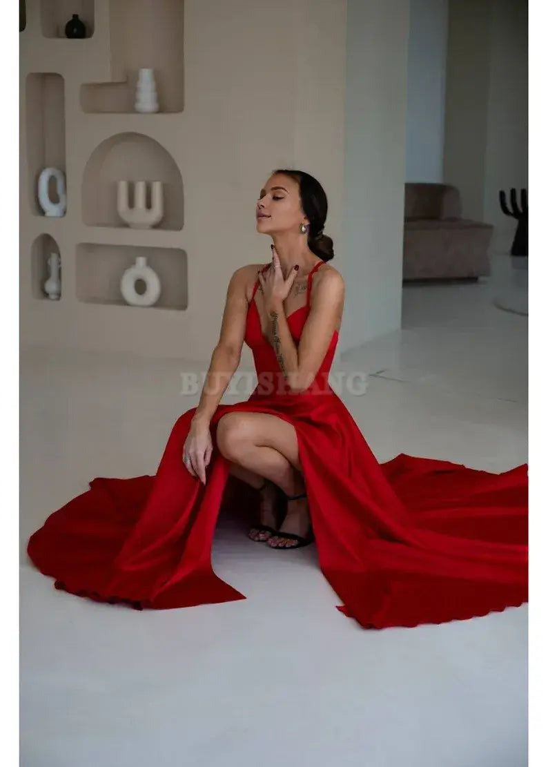 Buyishang Red Silk Dress With Slit Red Silk Long Dress Maxi Prom Dress Women Silk Maxi Dress Handmade Dress Silk Birthday Dress