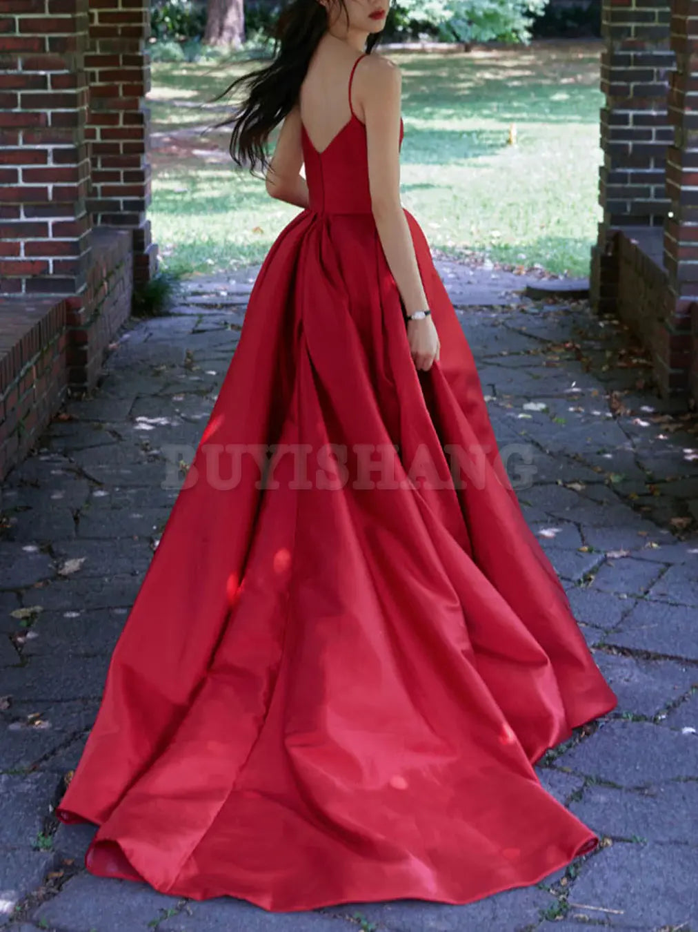 Buyishang Red V Neck Satin Long Prom Dress Red Formal Graduation Dresses prom dress in store