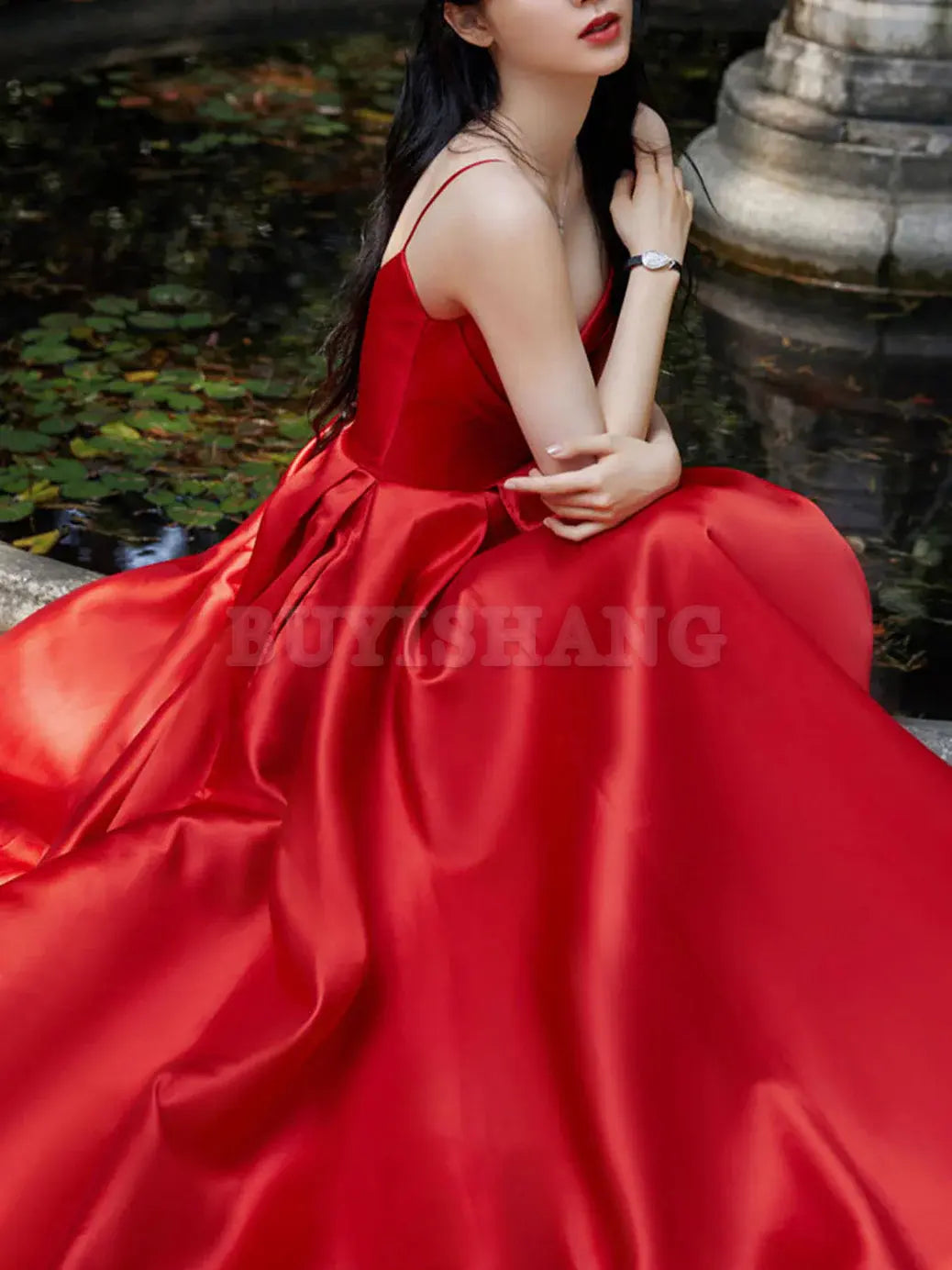 Buyishang Red V Neck Satin Long Prom Dress Red Formal Graduation Dresses prom dress in store