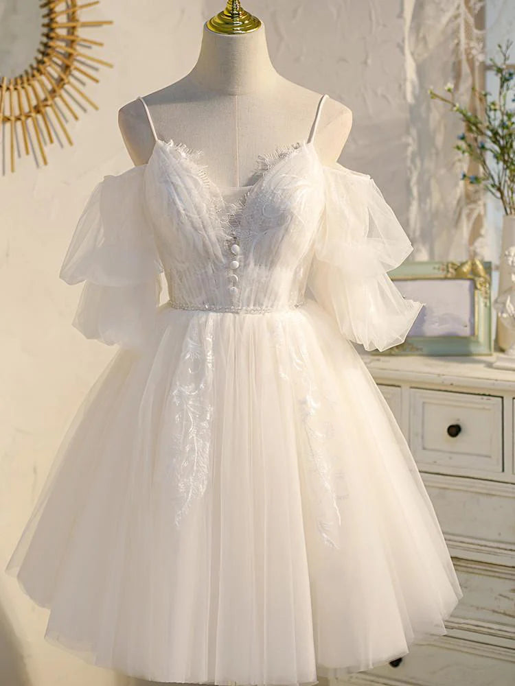 Romantic A-Line V-Neck Puffed Sleeve Lace White Short Homecoming Dress