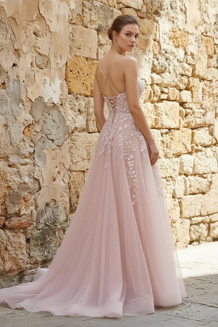 Romantic A-Line V-Neck Spaghetti-Strap Lace-Up Back Floor-Length Tulle Prom Dresses with Appliques